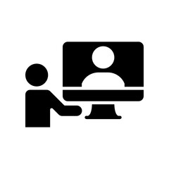 Video meeting icon. Virtual conference with People on computer screen. Remote working from home office. Digital communication. Solid style, Glyph Vector illustration. Design
