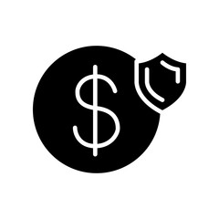 Guarantee financial, protect dollar icon. money insurance with shield. currency wealth badge safety care. Secure Payment. Glyph pictogram style vector illustration. Design