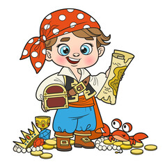 Cute cartoon pirate boy with treasure map and chest color variation for coloring page on white background