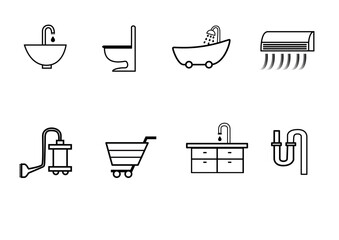 水回り関連のイラスト、アイコン、線画。トイレや浴室、キッチン水栓やパイプなど。