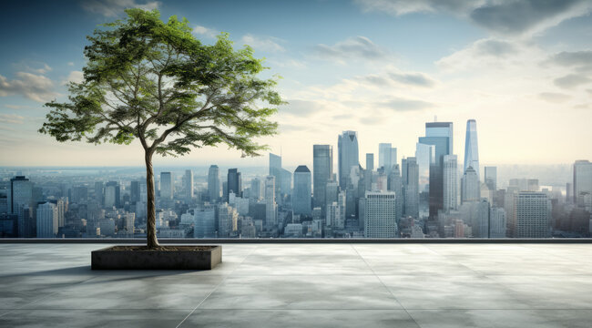 Concrete floor with tree and city skyline background. Urbanization and sustainable environment concept