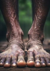 Afro-American feet on the forest floor. Black history month. Close up shot of unrecognizable person.