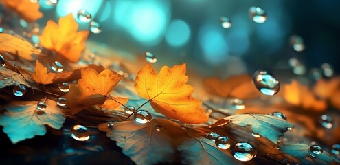 Autumn leaves, generative ai image of magic yellow leaves on blue background with pouring rain.