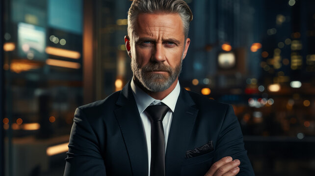 Portrait of a mature businessman in a business suit on a night city background.