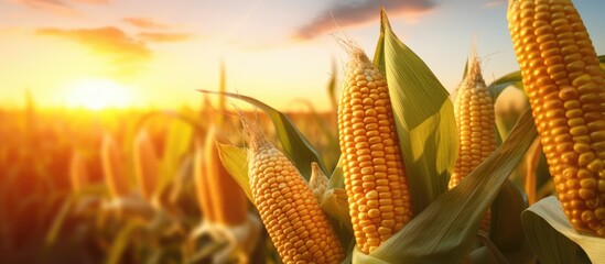Sunrise illuminating corn cobs in field