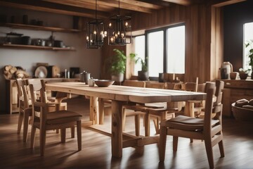 Fototapeta na wymiar Handmade wooden log furniture dining table and chairs Rustic interior design of modern living room