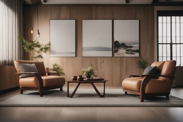 Sofa and barrel chairs against of wall with posters Japanese style interior design of modern living room