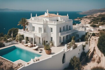Traditional Mediterranean white house with pool on hill with stunning sea view Summer vacation
