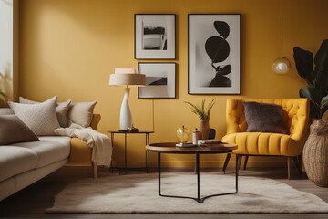 Tufted armchair and coffee table with lamp near yellow wall Interior design of modern living room