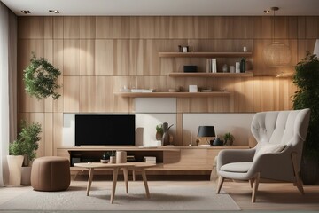 Wooden wall unit and armchair near it Scandinavian style interior design of modern living room