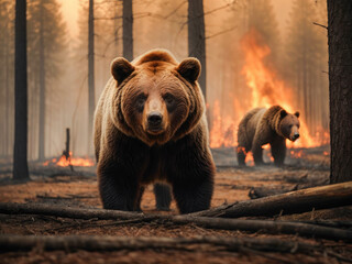  bear who runs away from a forest fire. the fire engulfs the entire forest, the flames rush upward - obrazy, fototapety, plakaty