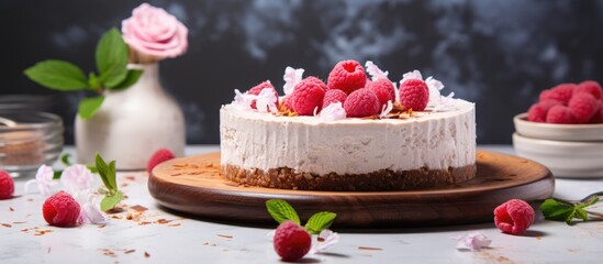 Vegan no bake cheesecake with coconut milk raspberries and coconut flakes on a marble cake stand with flowers in the background - obrazy, fototapety, plakaty