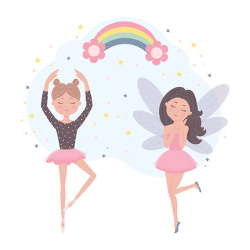 Cute girls ballerina and fairy dancing, fairy tale characters. Flat cartoon vector illustration.