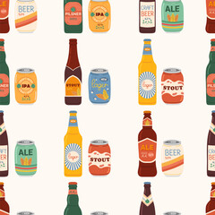 Colored hand drawn illustration of different beer types in aluminum cans and glass bottles. Square seamless pattern. Design elements for menu restaurant, pub.