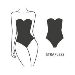 Swimwear on a woman's body. One-piece strapless swimsuit. Illustration on transparent background