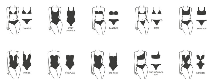 Collection of swimwears on a woman's body. Different types of swimsuits. Illustration on transparent background
