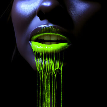 Close up of a female lips with green slobber who flows from the nose. Abstract female beauty artwork. front photo of mouth and nose of the woman