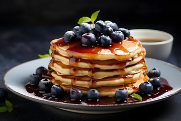 Blueberry pancake on a dark background. Homemade sweet pastries.
