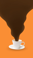 Creative design. Flow of coffee from coffee cup on orange background. Energy and taste. Poster