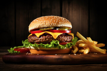 Delicious hamburger with cheese, tomato, lettuce french fries on a dark wooden background, close up
