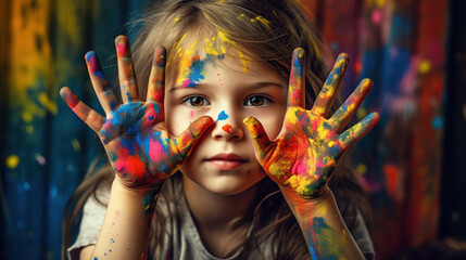 closeup of child painting with hands, art class - obrazy, fototapety, plakaty