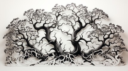 An intricate sketch of a black and white tree with sprawling branches, inviting the viewer to explore the intricacies of its captivating artistry - obrazy, fototapety, plakaty