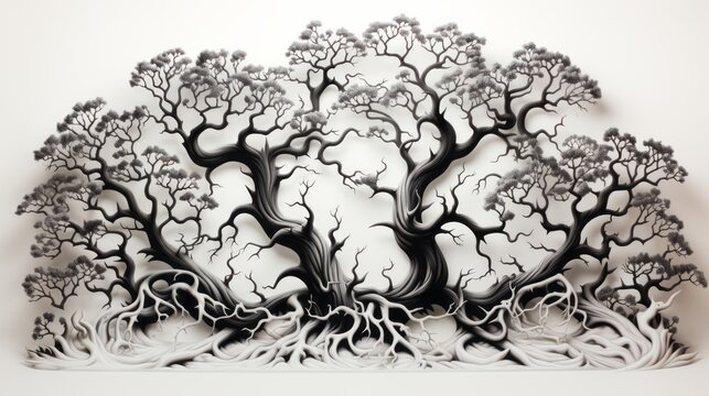 An intricate sketch of a black and white tree with sprawling branches, inviting the viewer to explore the intricacies of its captivating artistry