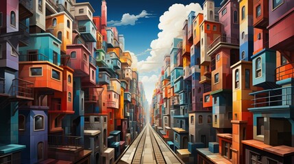 A bustling city skyline of colorful buildings, with outdoor tracks, winding streets, and windows reflecting the clouds in the sky, paints a picture of vibrant life and the freedom of travel - obrazy, fototapety, plakaty