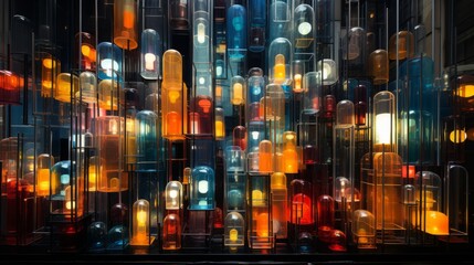 A kaleidoscope of amber lights glimmers against the glass of the shapes, painting a breathtaking reflection on the city streets at night