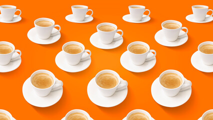 Creative design. Many coffee cups with fresh and creamy expresso on orange background. Poster