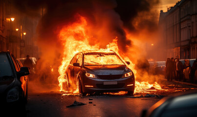 Burning car emitting thick smoke on a street.