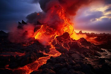 Volcanic eruption with lava, Fagradalsfjall, Reykjanes Peninsula, Iceland. Generative AI - obrazy, fototapety, plakaty