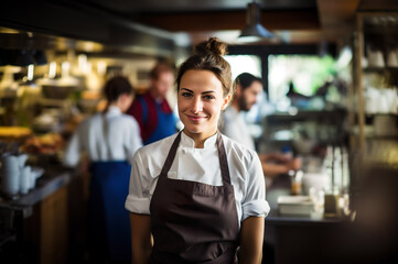 Fototapeta premium Photo of female chef in the restaurant