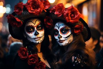 portrait of two women dressed up for All Saints' Day, typical costumes of Mexico. - obrazy, fototapety, plakaty