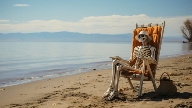 On a sunny beach, a skeleton perched on a chair overlooking the sandy landscape and vast waters below captures the tranquility and mystery of the outdoor world
