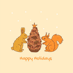 Hare and squirrel decorate pine cone like a New Year tree for the holiday. Snowing. Happy holidays text. Colorful vector illustration hand drawn doodle. Postcard or poster winter season