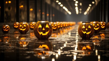 A captivating array of jack-o-lanterns, illuminated by flickering candles, fills the indoor space with an eerie yet festive ambiance of the harvest season