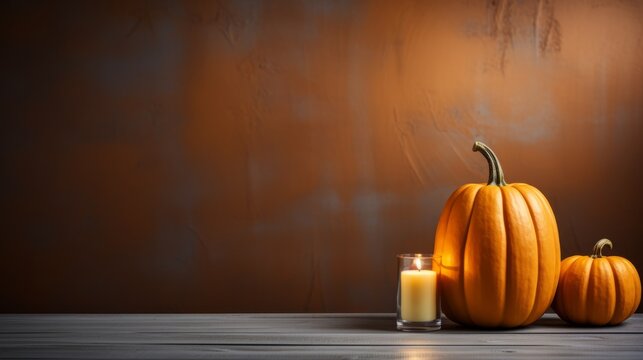The vibrant orange of the carved pumpkin and flickering candle on the floor set a warm and festive tone, perfect for celebrating halloween with friends and family