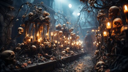 On a wintery night in a mysterious forest, a group of skulls surrounded by candles casts a gentle yet eerie light, evoking a sense of christmas magic and foreboding - obrazy, fototapety, plakaty