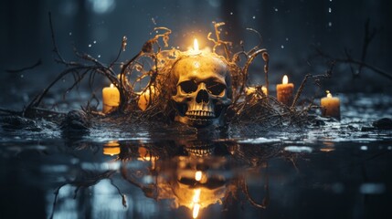 On a dark and still night, a glowing skull floats in the water, illuminated by the flickering flames of a dozen candles that reflect off the still surface