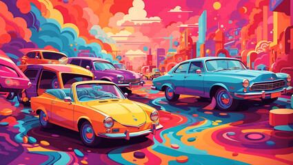 Flat Cartoon Illustration of Cars in a Vibrant Vector Style
