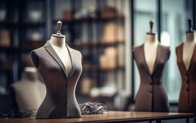 Dressmaker mannequin with suit on it in a tailor atelier studio 
