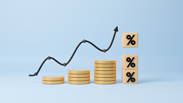 Coin stack step up and wooden block with percentage symbol and up arrow, Increasing of interest rates, financial and business profit growth concept. Long term investment. 3d rendering illustration