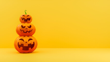 3D Render Stacked Jack O Lanterns on yellow background. Halloween background illustration