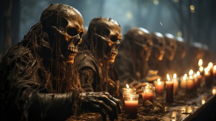 A solemn group of skull masks stands illuminated by flickering candles, evoking a mysterious atmosphere within the indoor space