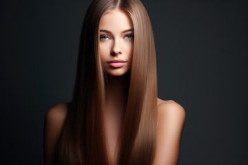 Fototapeta premium portrait of a woman with long hair. front view. Shampoo advertising, hair care. Generative Ai