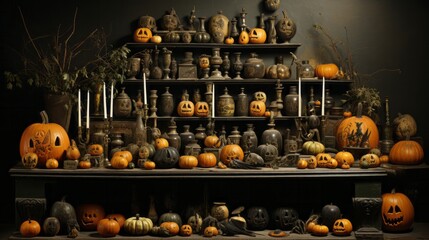 A warm and inviting display of vibrant squash, gourds, and calabazas illuminated by flickering candles and inviting the halloween spirit into the home