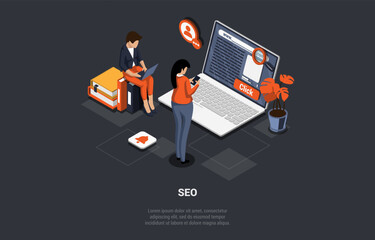Search Engine Rank, Seo Optimization, SEO Digital Marketing. Seo Marketing And Analytics, Online Ranking Result. Office Team Work In Front Of Laptop Screen. Isometric 3D Cartoon Vector Illustration