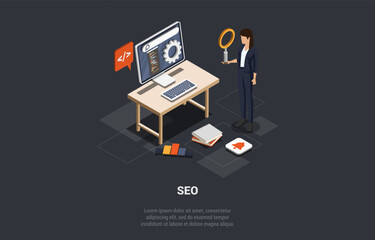 Seo Optimization, SEO Digital Marketing. Seo Marketing And Analytics, Online Ranking Result. Business Woman With a Magnifying Glass Is Standing In Front Of Computer. Isometric 3D Vector Illustration