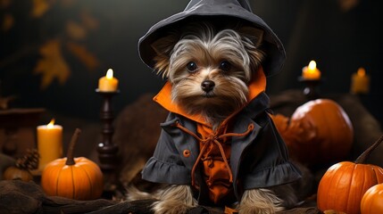 A mischievous terrier wearing a halloween-inspired hat made of pumpkin grins happily while showing off its stylish garment, bringing joy to all who see it - Powered by Adobe